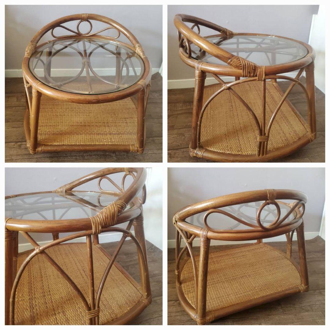 ラタン 円形 ガラステーブル 籐 レトロ アンティーク キャスター付き