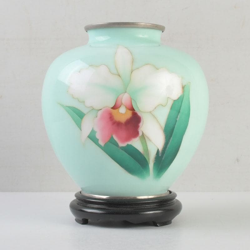 七宝焼　花文　花瓶　唐木台付　共箱　V　9254