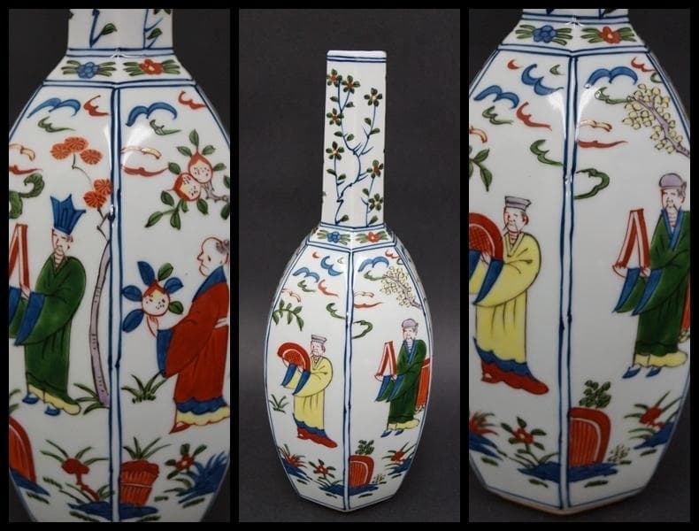 源右衛門造 染錦『萬歴風唐人物文』六角 花入 花瓶 / 花器 茶道具