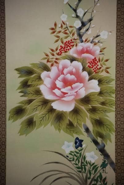 真作/草風/四季花図/桐共箱付/布袋屋掛軸HD-43