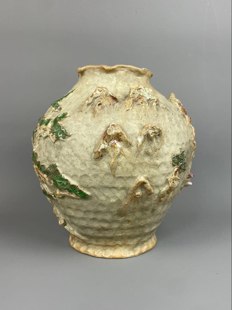 古鍋島 花瓶 青緑山水浮彫 細密細工 飾壺 銘工 在銘 作家物