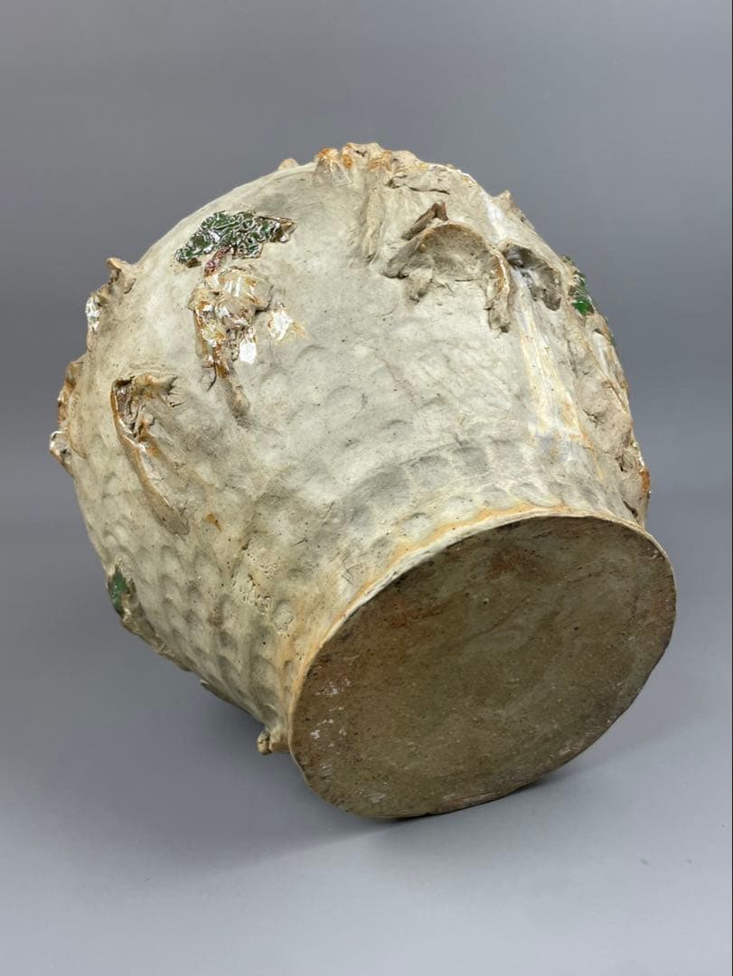 古鍋島 花瓶 青緑山水浮彫 細密細工 飾壺 銘工 在銘 作家物