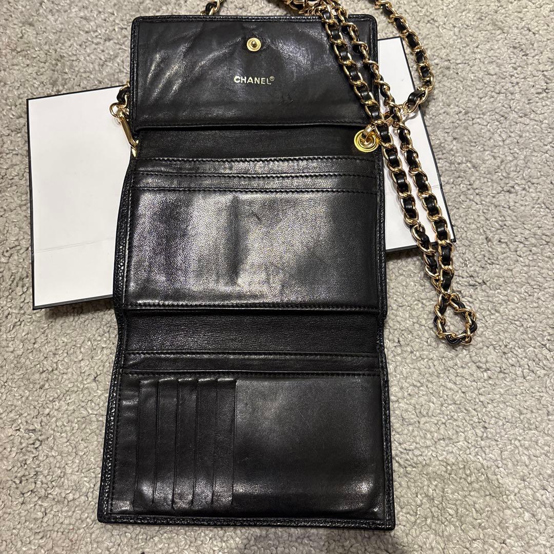 【CHANEL】シャネル　キャビアスキン　三つ折り財布　チェーンウォレット