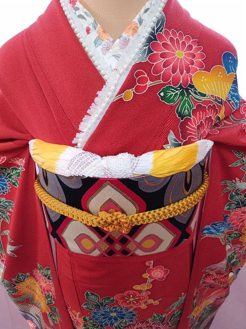 振袖　袋帯　帯揚げ　帯締め　セット　赤　染め分け　草花