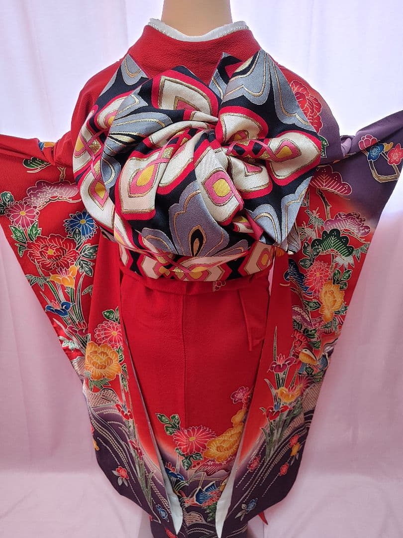 振袖　袋帯　帯揚げ　帯締め　セット　赤　染め分け　草花