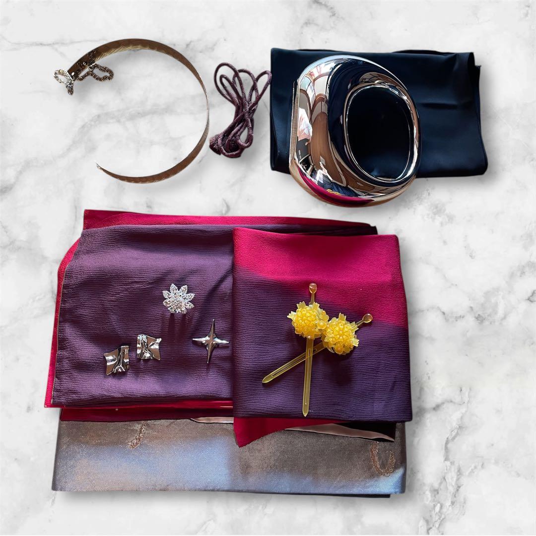 山本寛斎 染め分け ボルドー 振袖 フルセット ファーショール付き