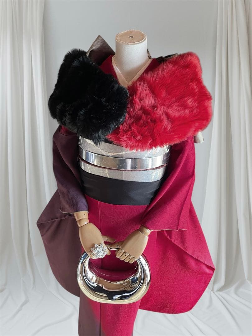 山本寛斎 染め分け ボルドー 振袖 フルセット ファーショール付き