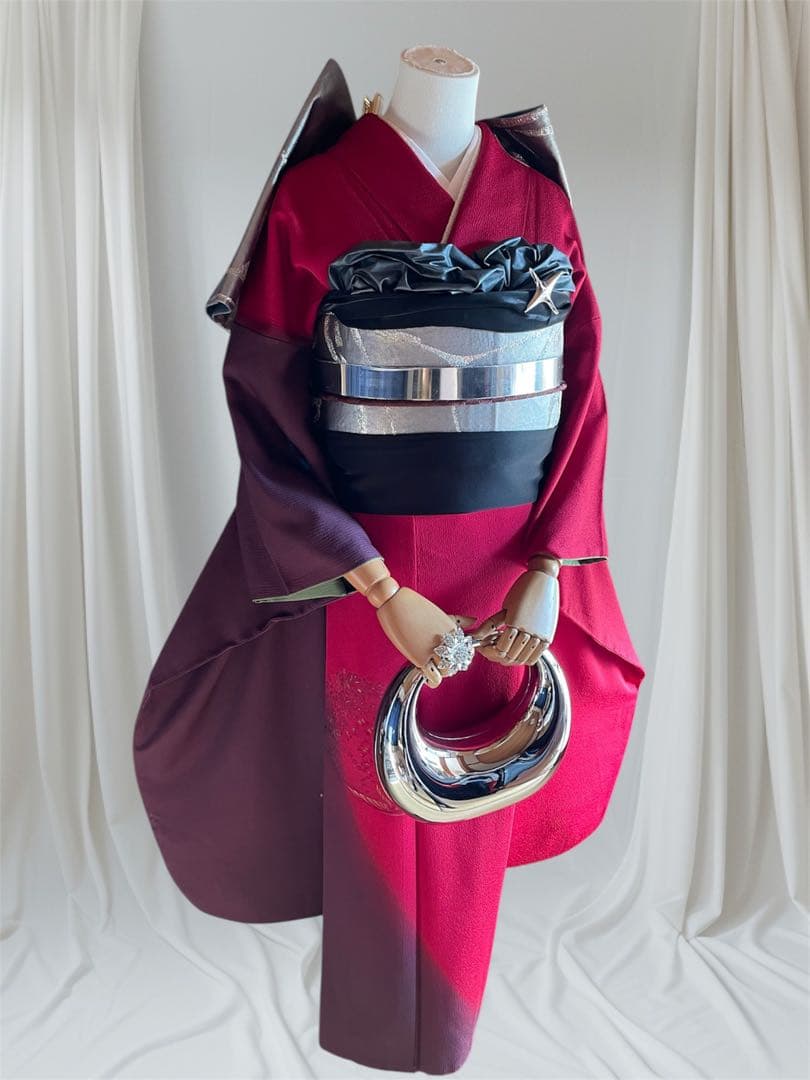 山本寛斎 染め分け ボルドー 振袖 フルセット ファーショール付き