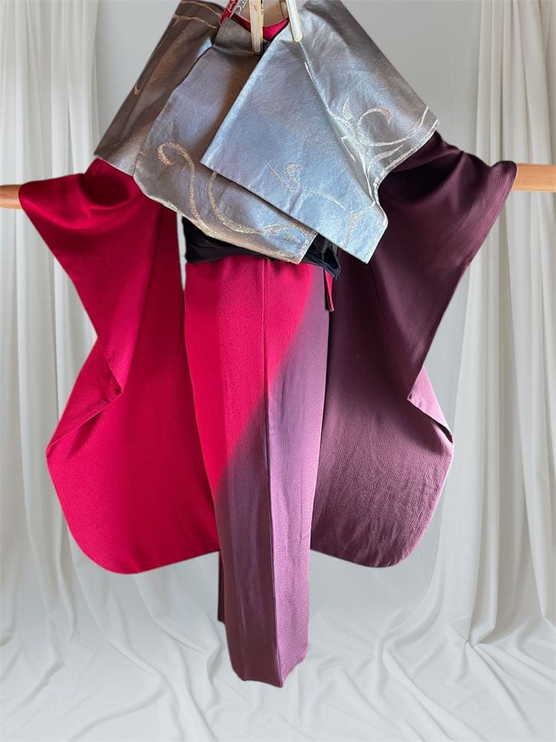 山本寛斎 染め分け ボルドー 振袖 フルセット ファーショール付き