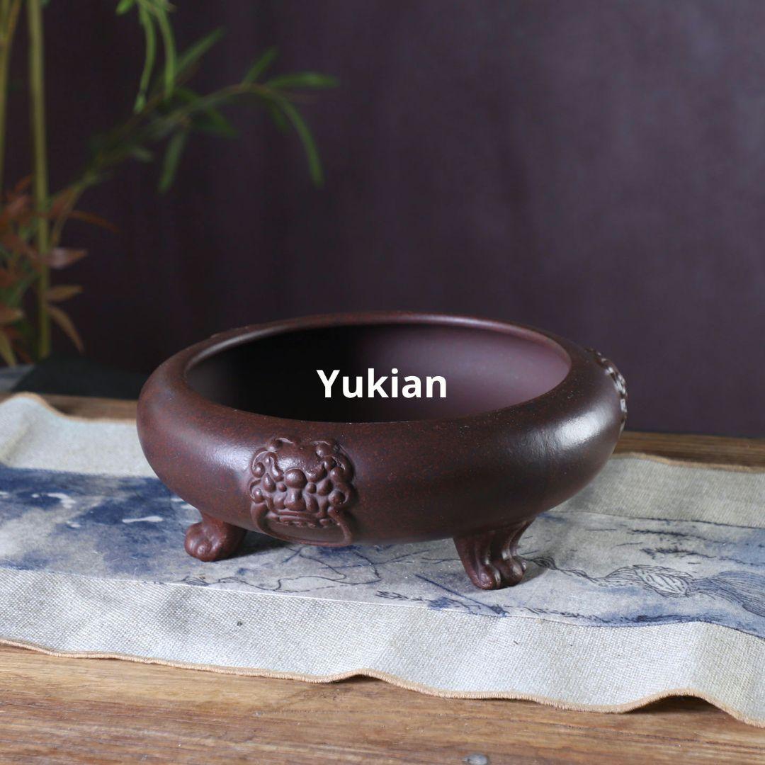 紫砂 無孔三足水底盆 三足獣面無孔盆 盆栽鉢 植木鉢 小品盆栽鉢 大品盆栽鉢