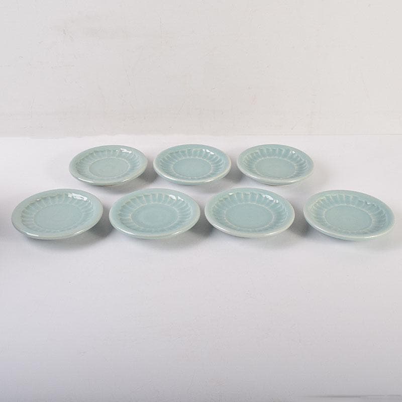 和食器　木野皿山窯　上田恒次作　青磁鎬手　銘々皿　7客　共箱　V　R7751