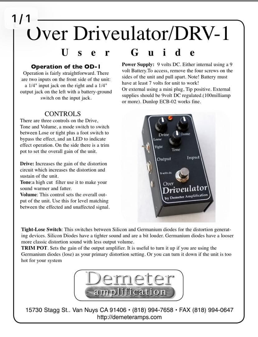 Demeter Over Driveulator DRV-1 オーバードライブ