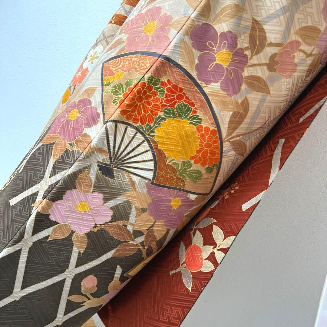 370 振袖フルセット 正絹 ベージュ 茶 金彩 駒刺繍 暈し染め アースカラー