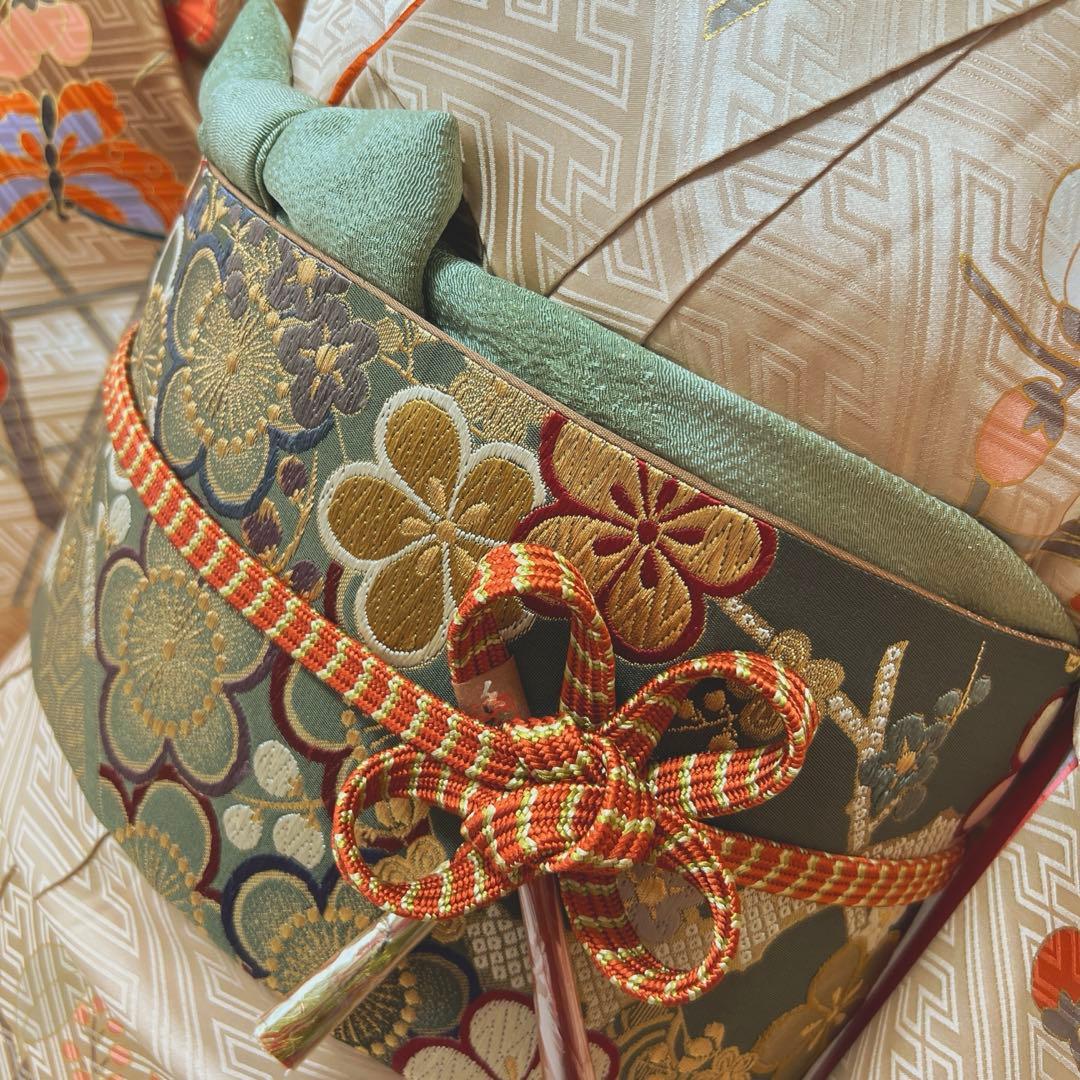 370 振袖フルセット 正絹 ベージュ 茶 金彩 駒刺繍 暈し染め アースカラー