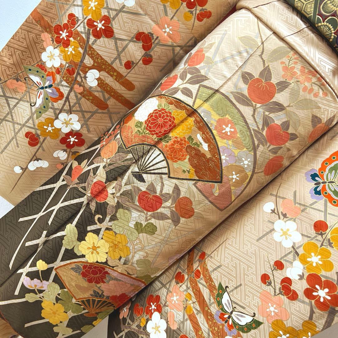 370 振袖フルセット 正絹 ベージュ 茶 金彩 駒刺繍 暈し染め アースカラー