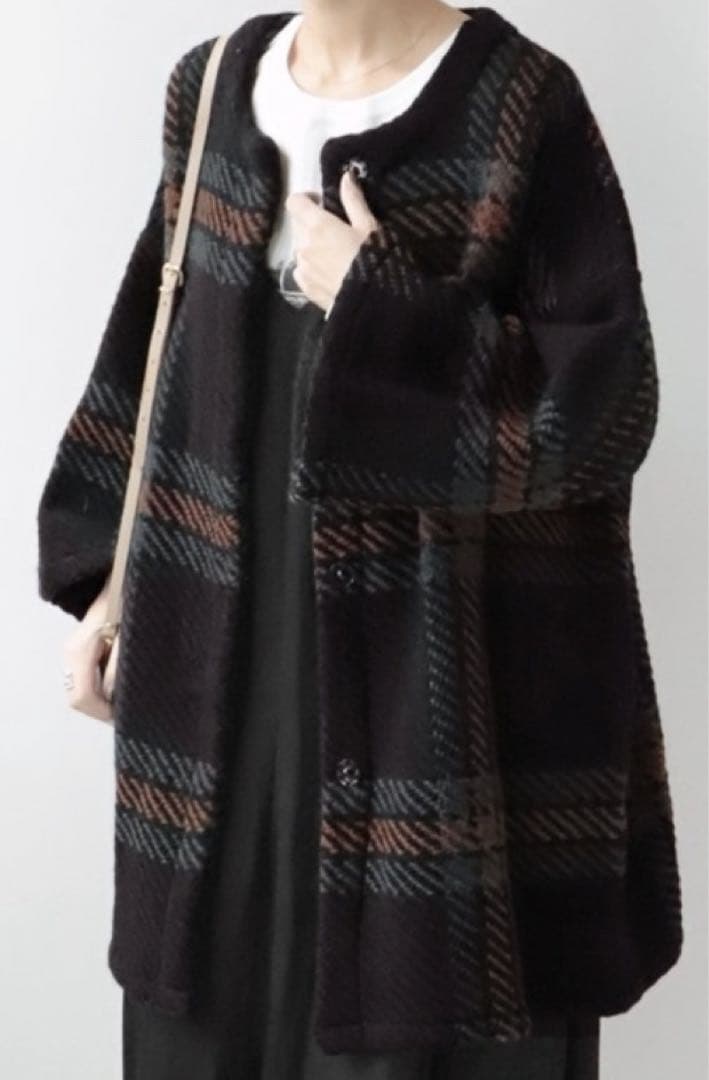 ジョンブラニガン✴︎チェックニットコート✴︎フリー　カーキ