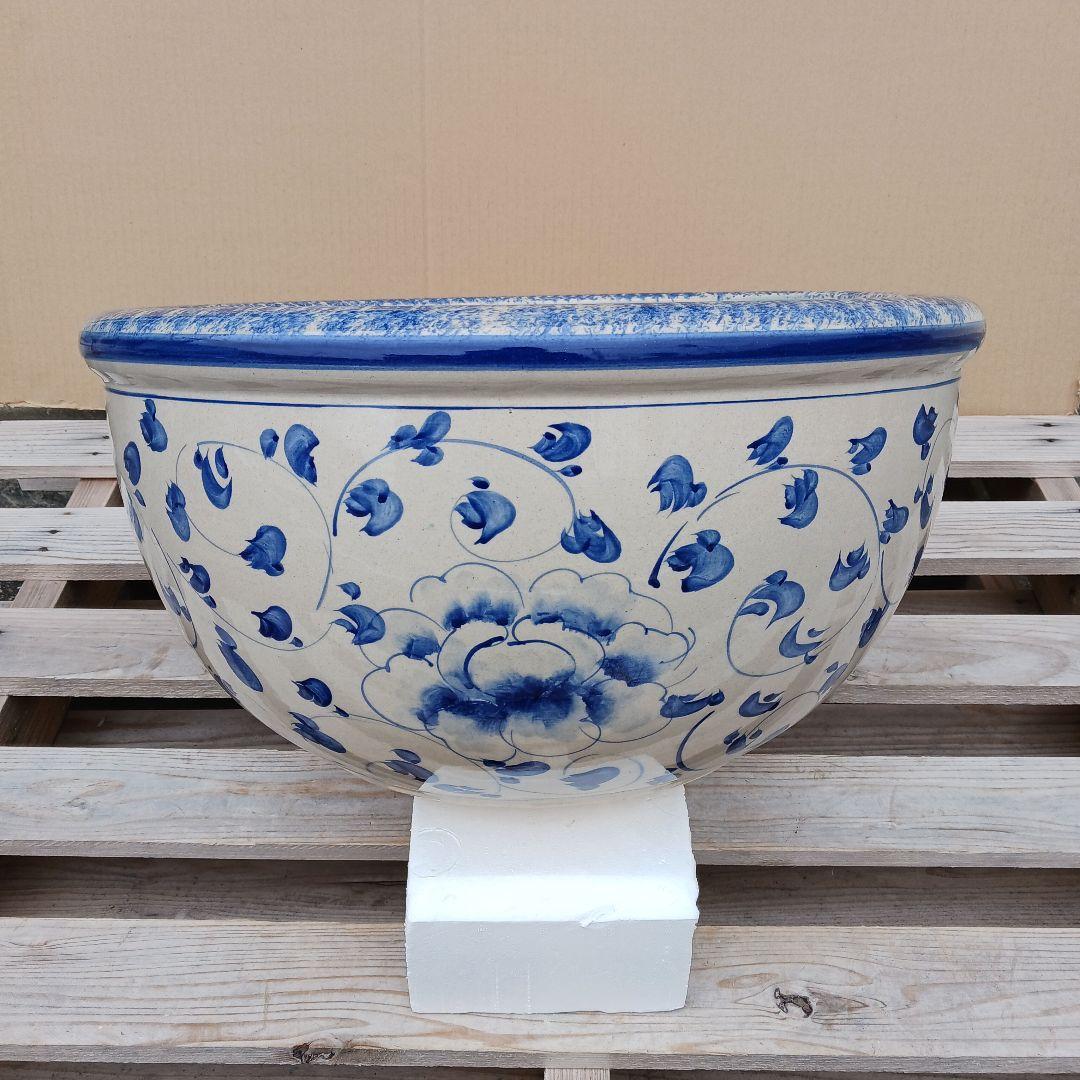 新品　∅50　陶器　睡蓮鉢　大型　メダカ鉢　難有　手書き絵　花柄　手造りLKB4