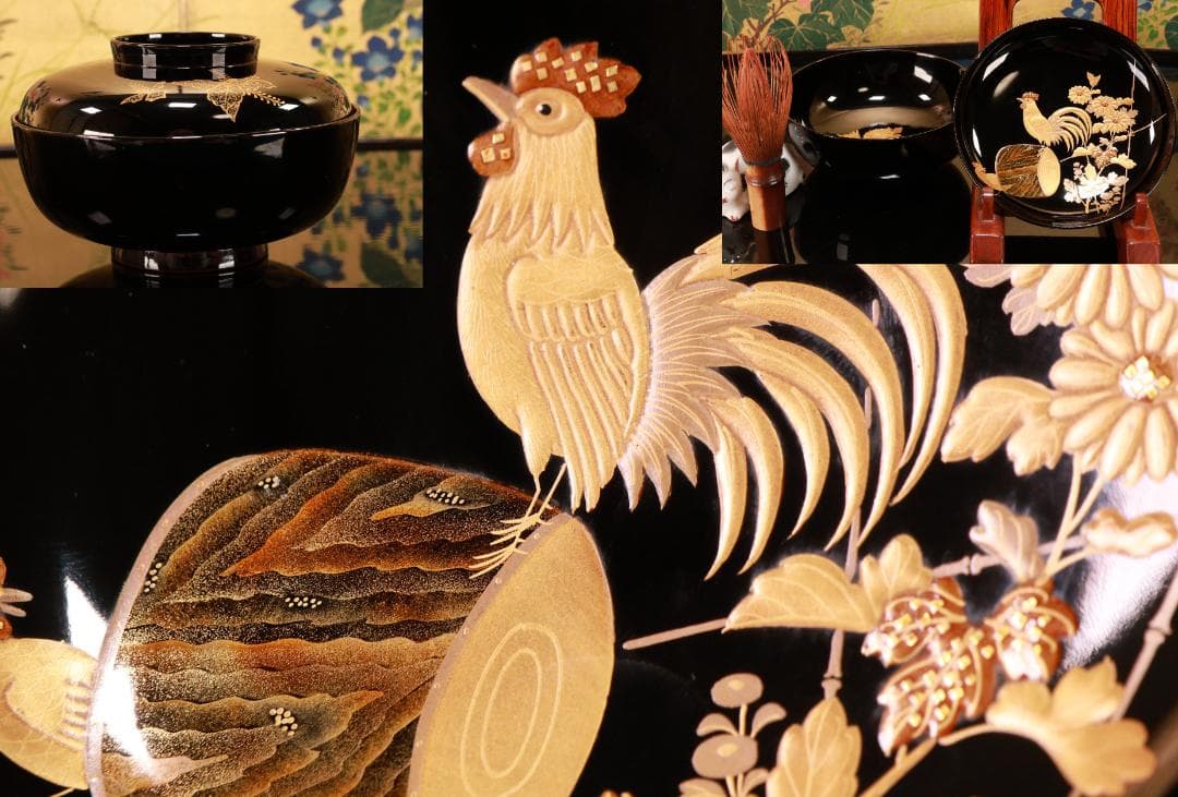 BJ133　時代輪島　加賀蒔絵　鶏図　吸物椀　一客　木製　茶道具 懐石 会席