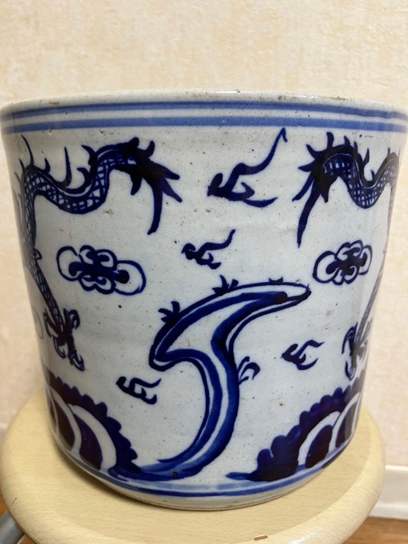 中国清代染付鉢　特大　香炉　筆立　昇龍　縁起物　運気上昇