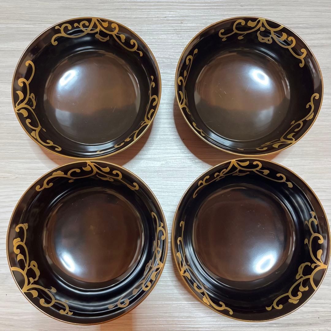 木製漆器 時代輪島塗 菊桐唐草 金蒔絵 溜塗 内黒塗 椀四客 天然木