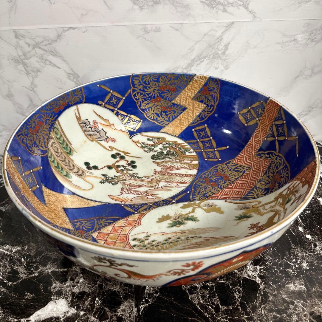 江戸、古伊万里、瑠璃、金彩窓絵、特大、楼閣山水図。無傷！