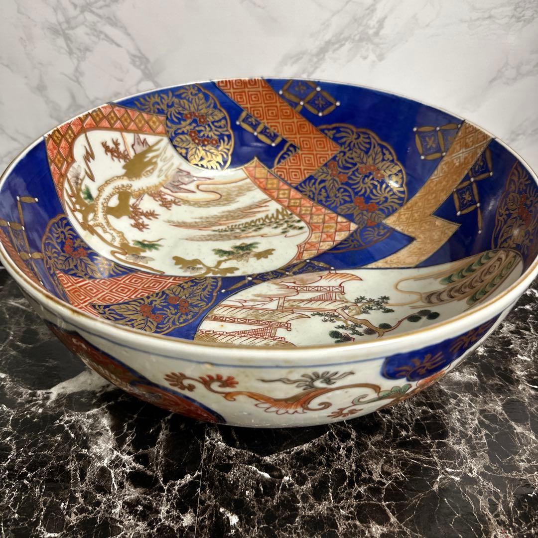 江戸、古伊万里、瑠璃、金彩窓絵、特大、楼閣山水図。無傷！