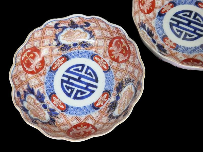 古伊万里　金襴手　菊花四方襷紋に吉祥紋の図　膾皿　2客　D960AS-fbtt