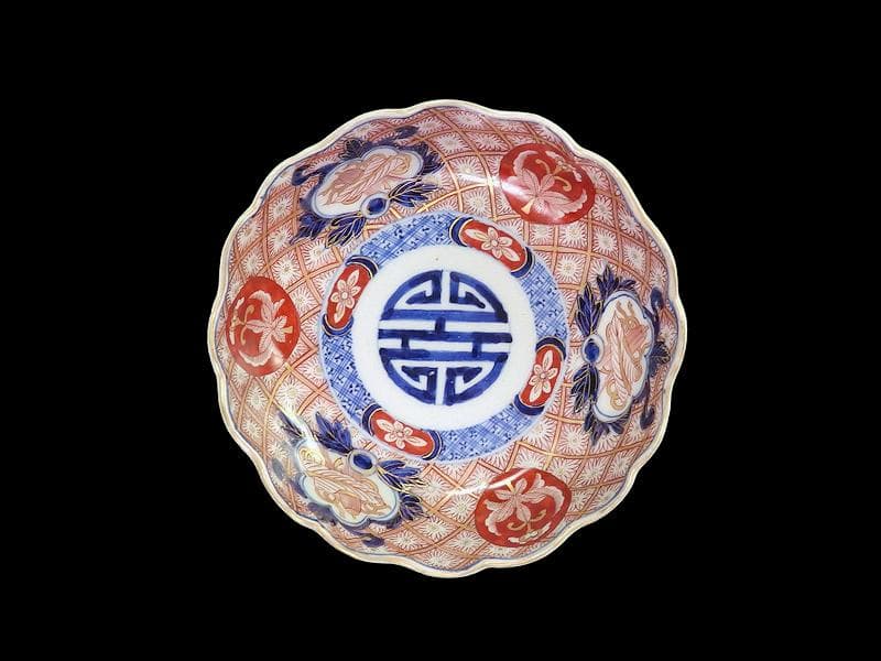 古伊万里　金襴手　菊花四方襷紋に吉祥紋の図　膾皿　2客　D960AS-fbtt