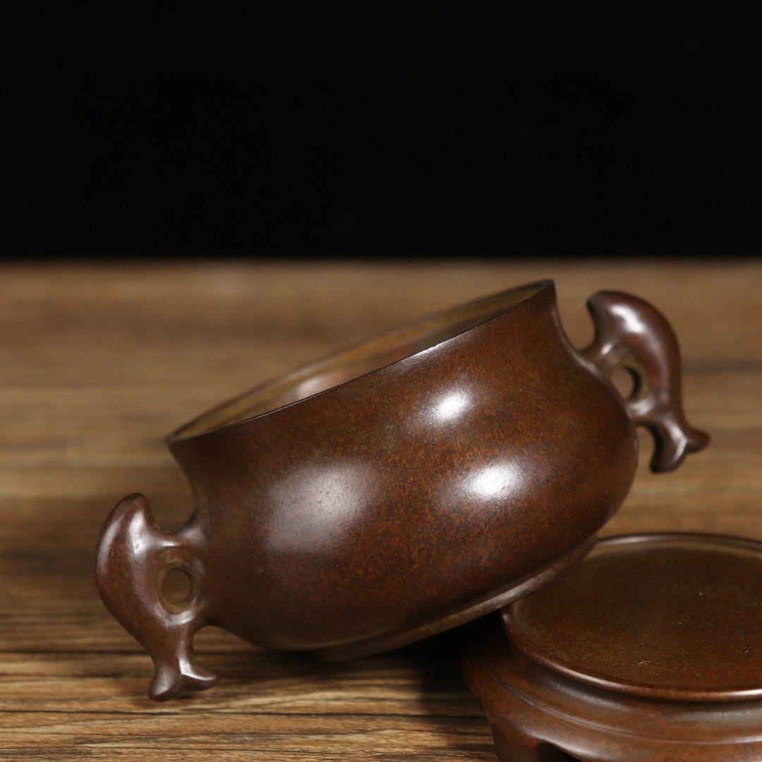 銅製 双魚耳香炉 室内盤香炉 茶道香り炉 香道具 工芸品 置物
