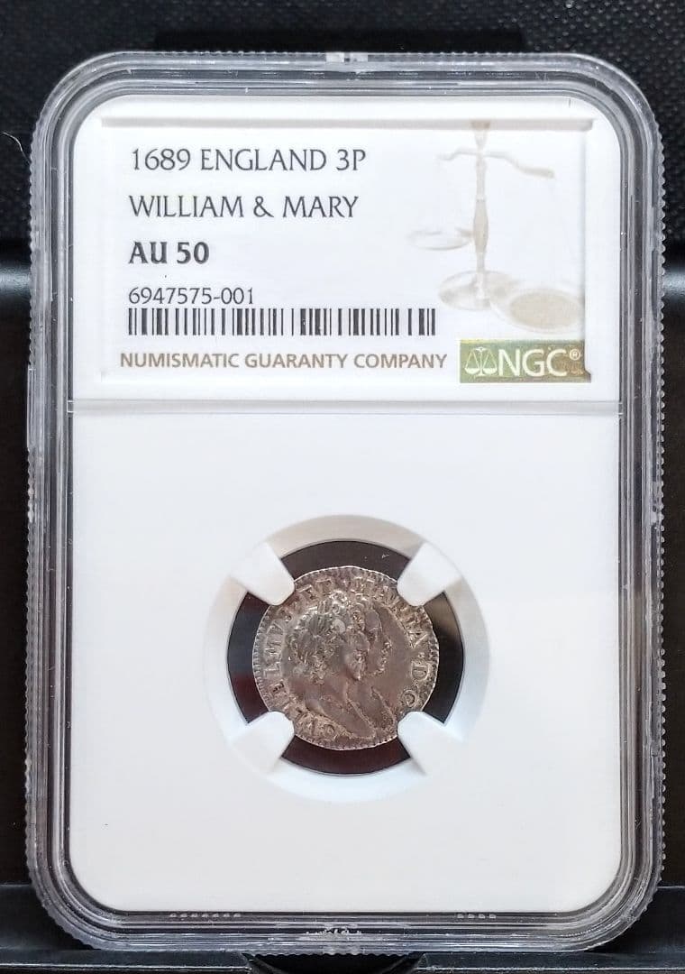 1689年 イギリス 銀貨 3ペンス NGC鑑定 名誉革命 アンティーク