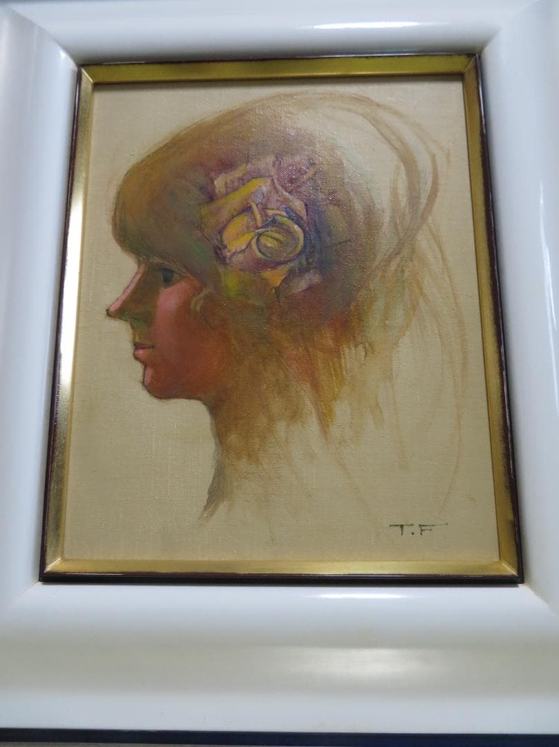 ◆ 作者不明　「少女像」（仮題）　油彩　F3号   アンティーク額◆