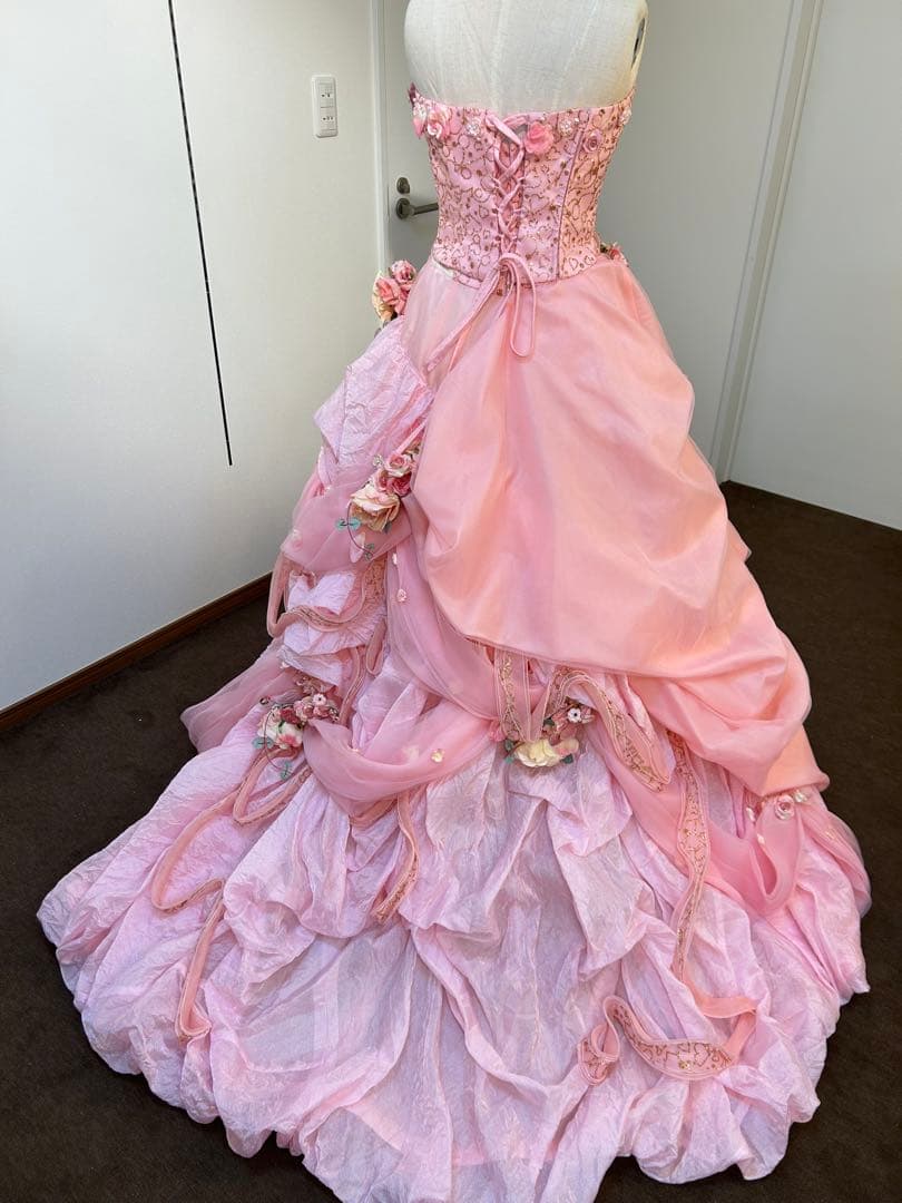 ピンク フラワー装飾 ロングドレス 9〜13T