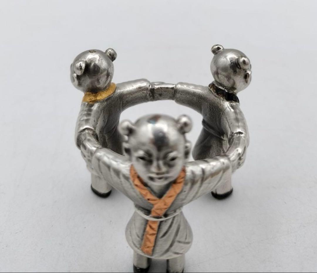 c640 蓋置 銀仕上 三つ人形 金谷浄雲 木箱 茶道具 古物