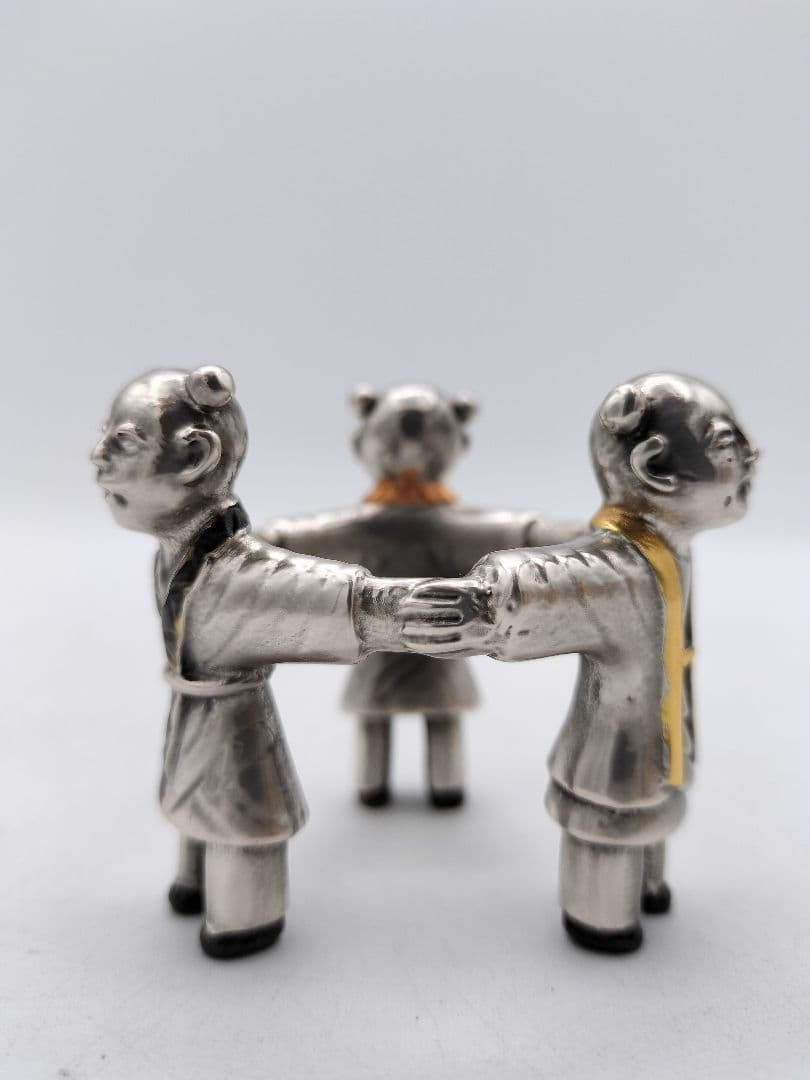 c640 蓋置 銀仕上 三つ人形 金谷浄雲 木箱 茶道具 古物