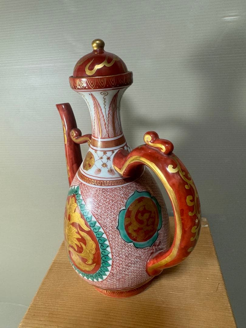 2642 九谷焼 角福　赤絵 金蘭手 仙盞瓶　酒器　時代物