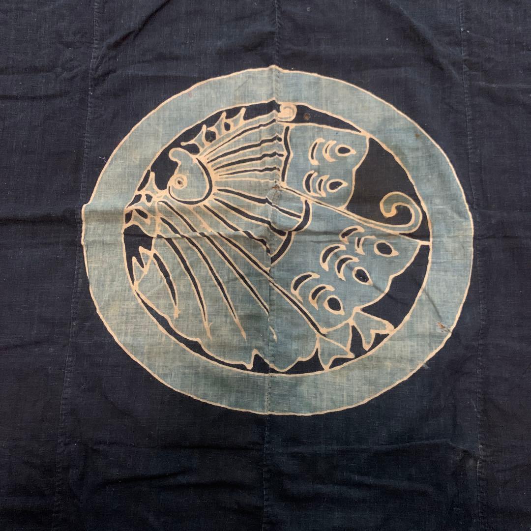 特大！　古布　筒描き　藍染　蝶　浅葱色　幅4枚　丸に揚羽蝶