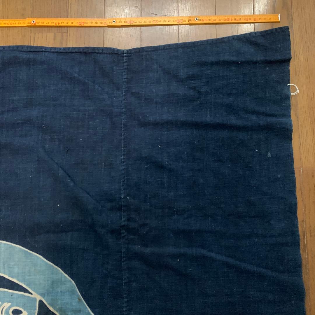 特大！　古布　筒描き　藍染　蝶　浅葱色　幅4枚　丸に揚羽蝶