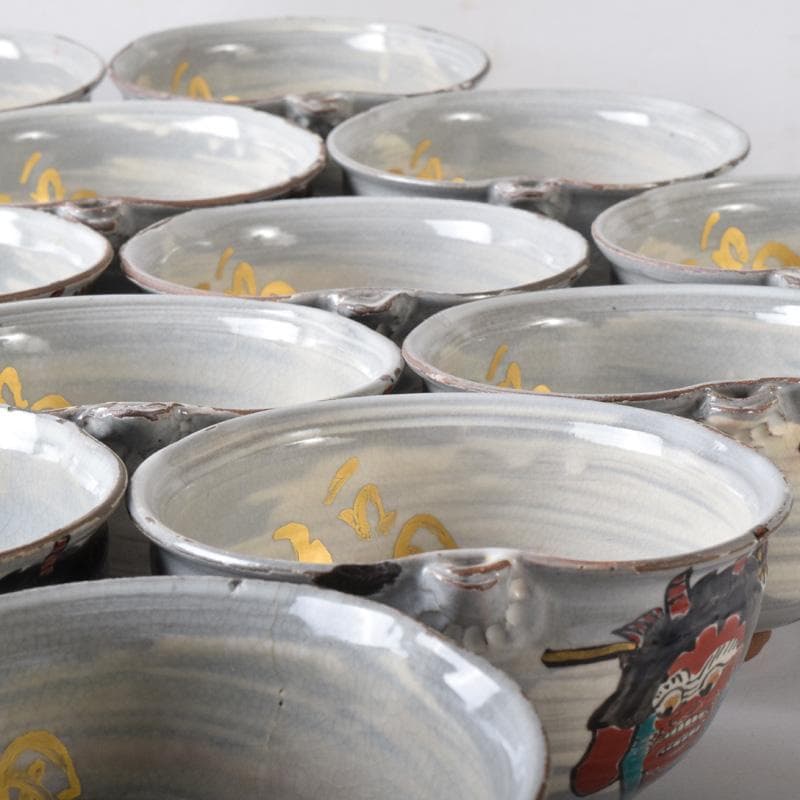 茶道具　萩焼　色絵金彩　鬼図福字　数茶碗　三十一客　在銘　V　7696A