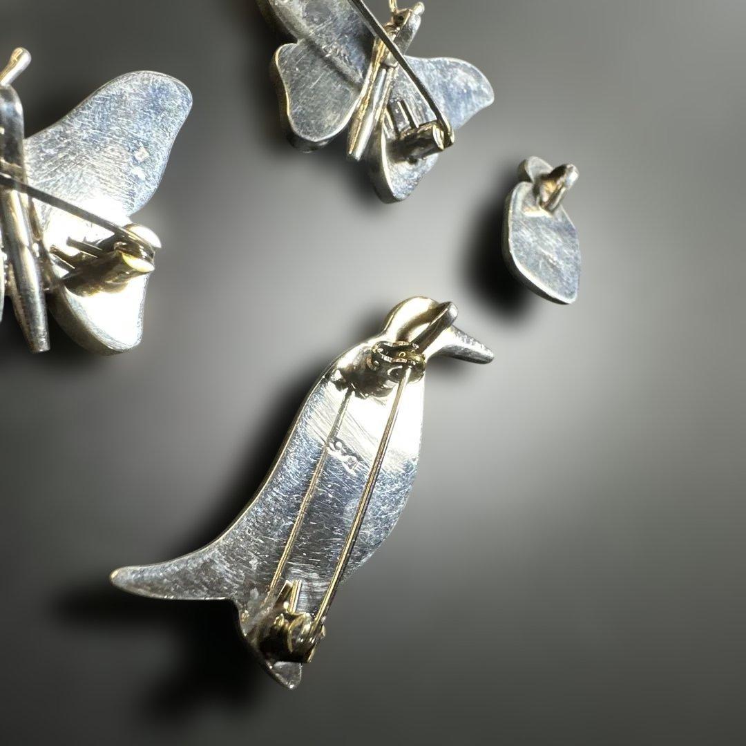 猫　ペンギン　蝶　シルバー970 ラピス　マラカイト　ブローチ他　2way