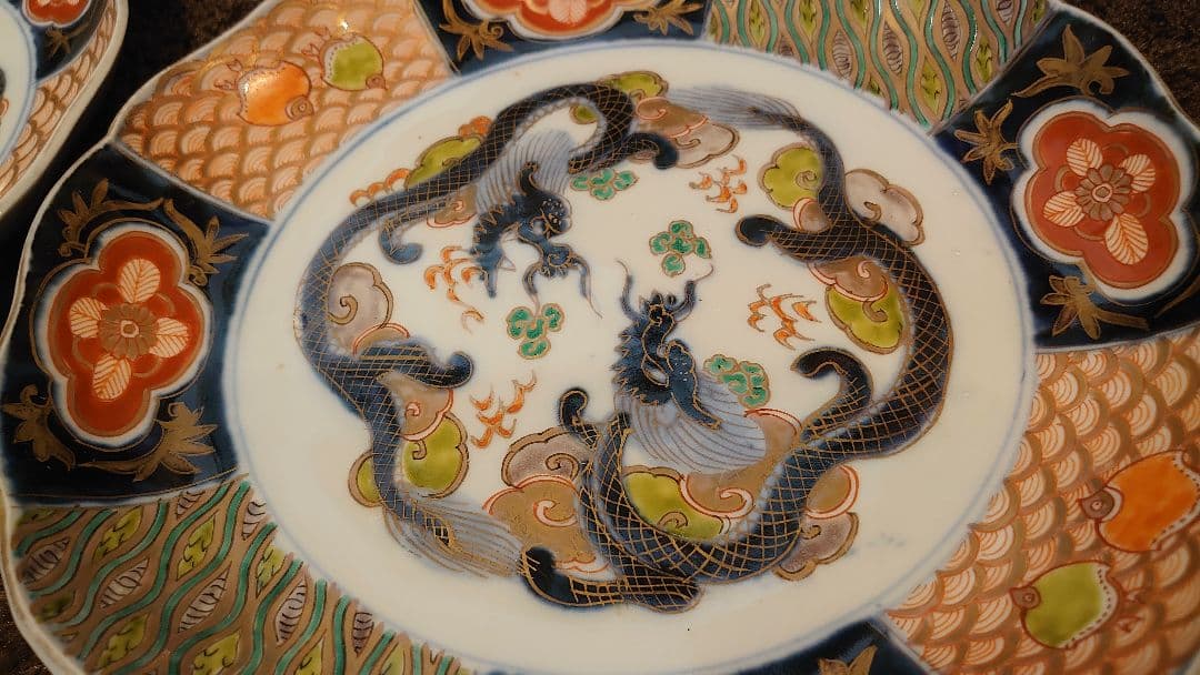 古伊万里　伊万里　大聖寺伊万里　大皿　双龍　八寸皿　３客