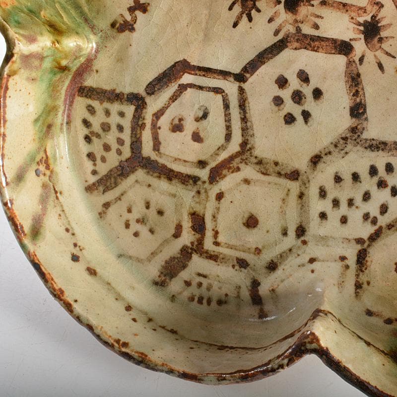 ばかぼん　織部焼　江守奈比古造　木瓜の鉢　共箱　V　R5765