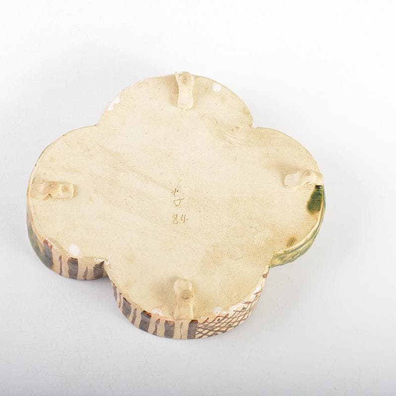 ばかぼん　織部焼　江守奈比古造　木瓜の鉢　共箱　V　R5765