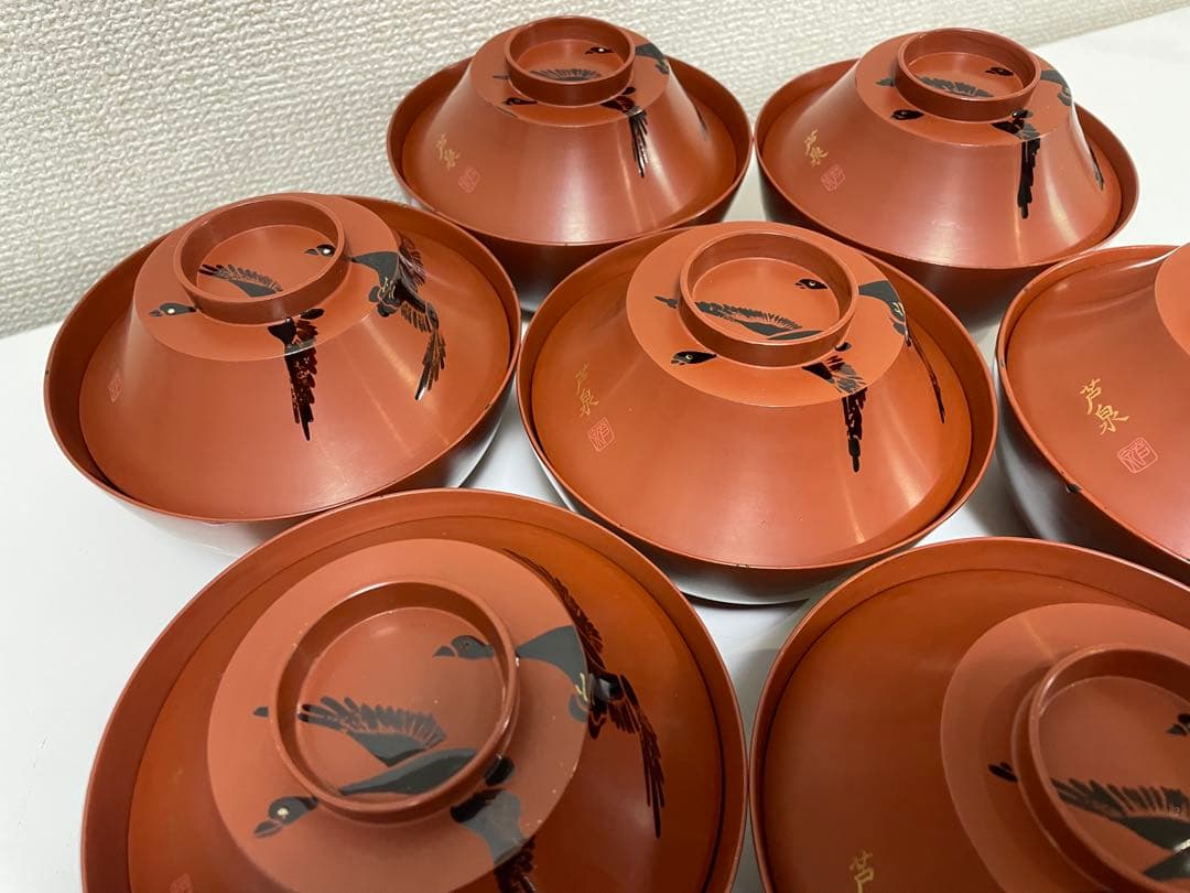 漆器 懐石道具 芦泉謹製 木製溜塗 雑煮椀 吸物椀 10客揃 内朱 鶴 鳥柄