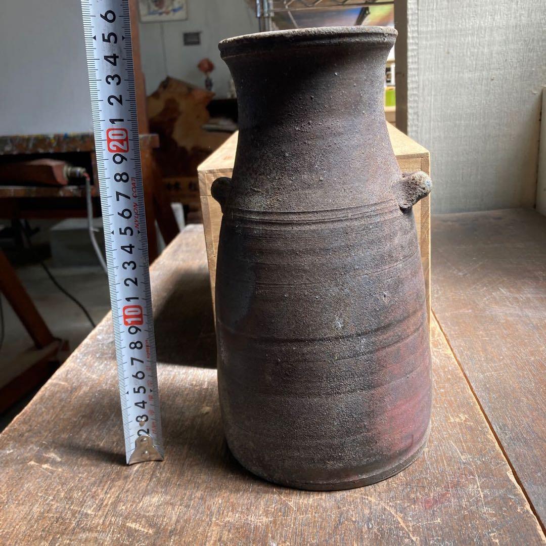 岩手県 藤沢焼 藤沢南蛮 粉香木 耳付花生 銘あり 自然釉 花瓶 花入 共箱付き