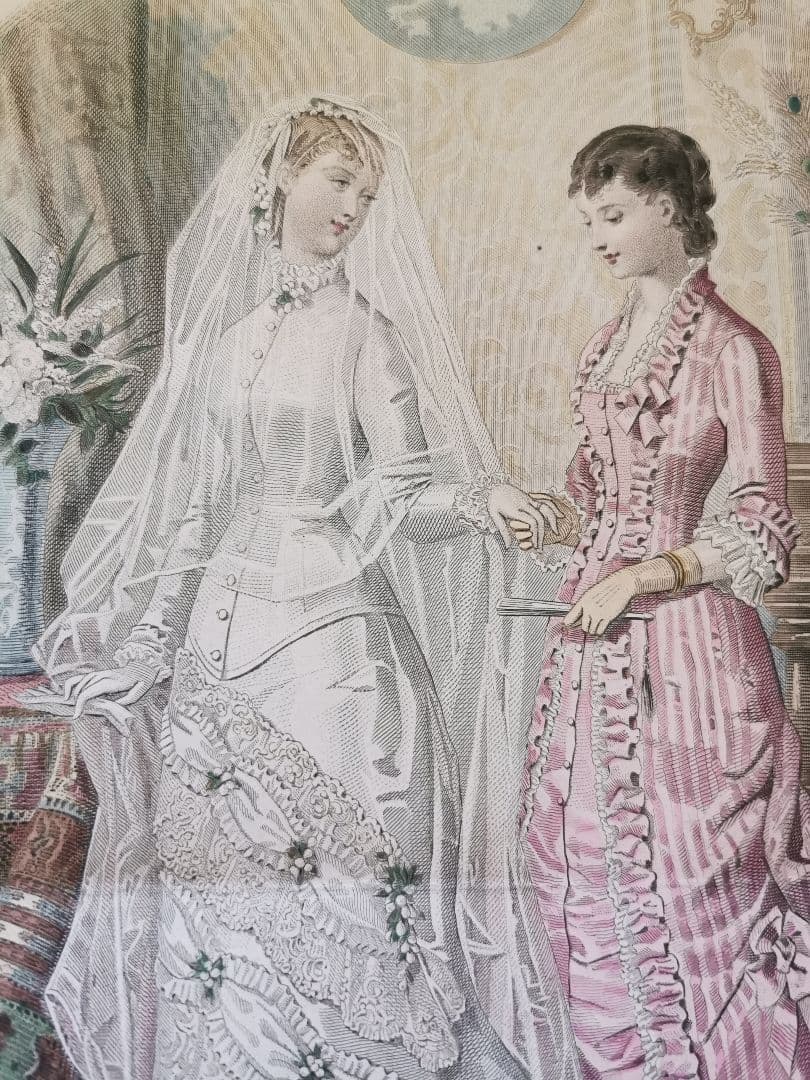 19世紀アンティーク銅版画 新婦と姉妹/友人 花実装飾ウェディングドレス 手彩色