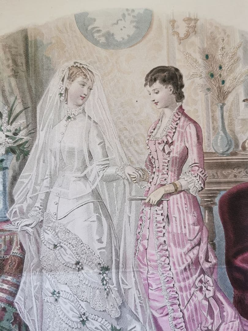19世紀アンティーク銅版画 新婦と姉妹/友人 花実装飾ウェディングドレス 手彩色