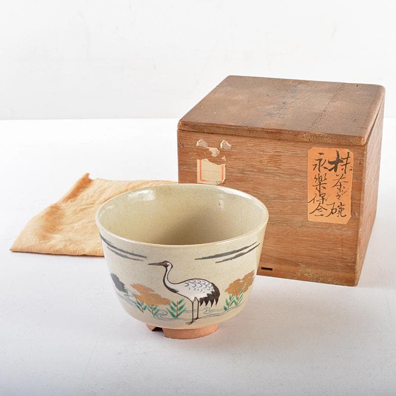 京焼　永楽善五郎 　永楽保全造　色絵　鶴文　茶碗　滝口加全識箱　V　R5628
