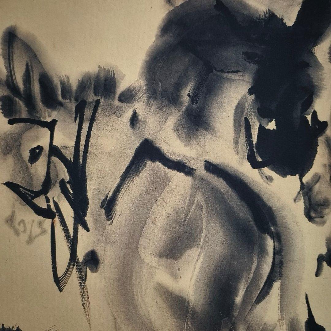 【証書付】黄胄《七頭毛驢》 中堂掛軸 絹本装裱 大幅 168×65cm 中国書画