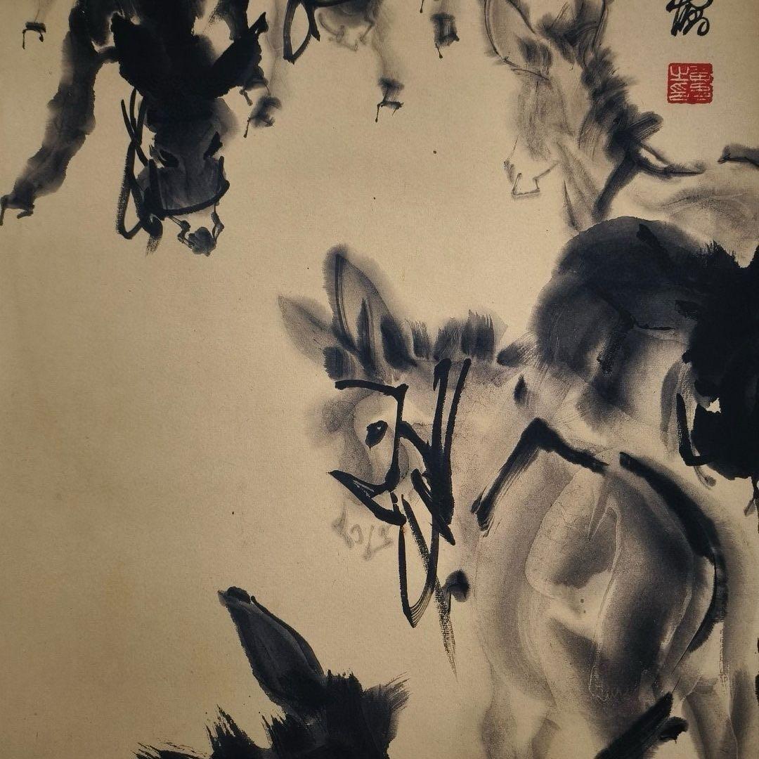 【証書付】黄胄《七頭毛驢》 中堂掛軸 絹本装裱 大幅 168×65cm 中国書画
