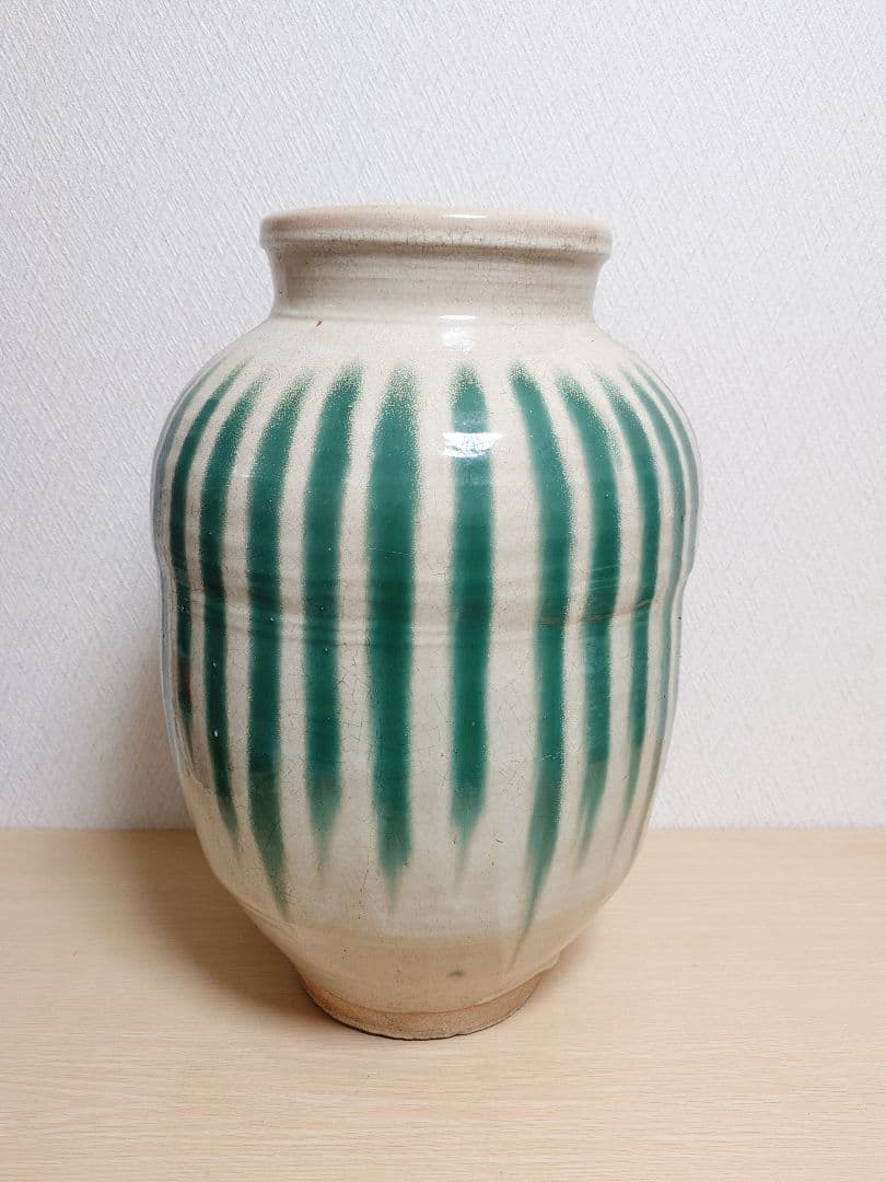 信楽焼？茶壺 大壺 すだれ壺 ストライプ柄 明治 アンティーク 骨董 中古品